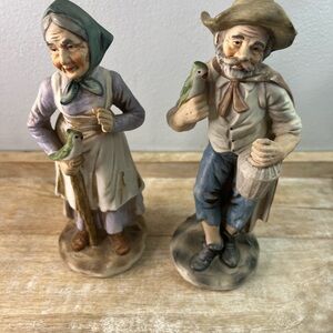 VINTAGE HOME INTERIORS PORCELAIN FARMER & WIFE FIGURINES Made In Italy Birds